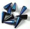 10 Stück Glasperlen Spikes Jet/ Metallic Blue, 7x17mm, Bohrung 1mm