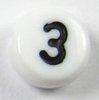 50 Stück Kunststoff Zahlen Perlen " 3 " , Ø 7mm, 4mm dick, waagerecht gebohrt 1mm